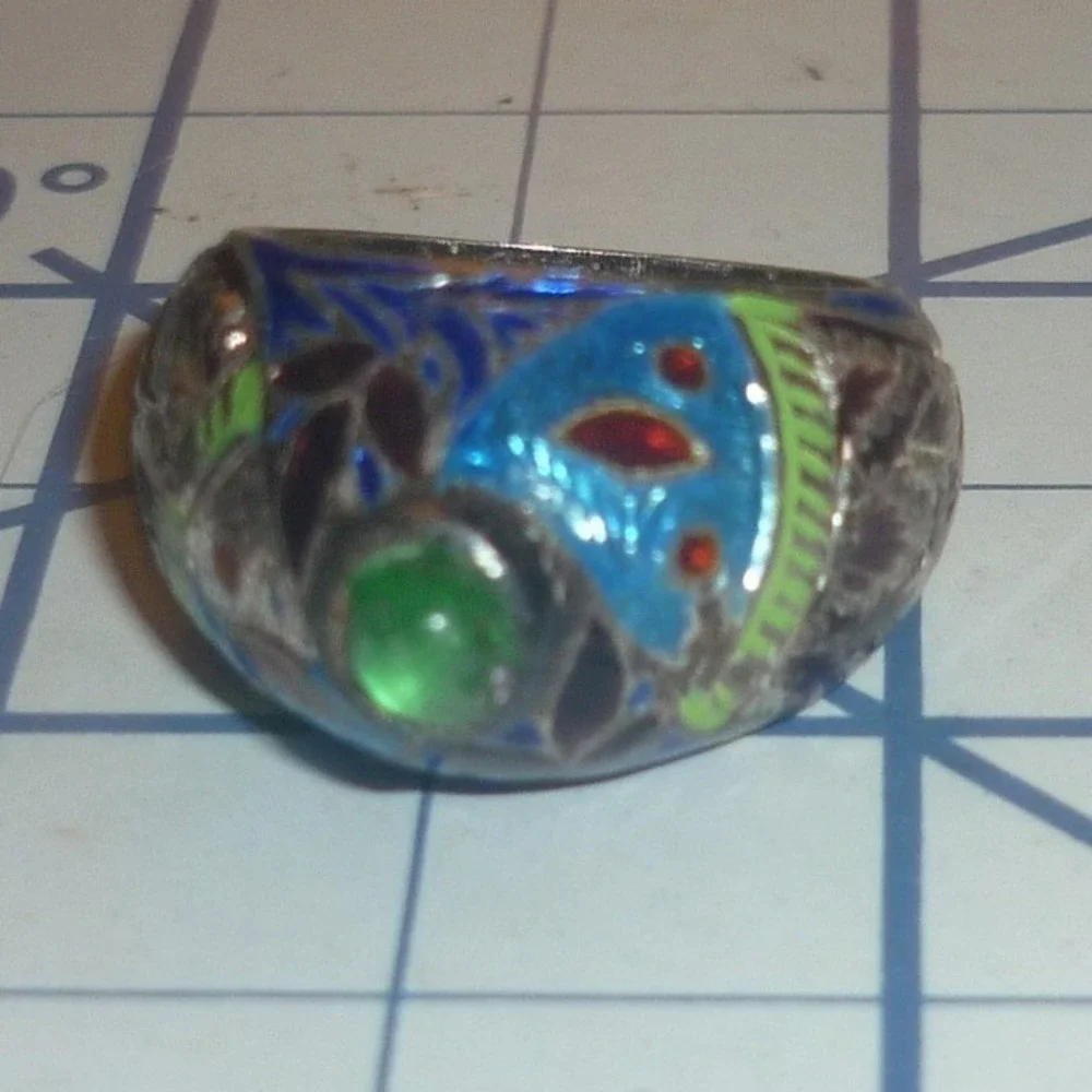 Vintage Chinese Export Cloisonne Enamel Silver Ring Green Cabochon Size 6.25
